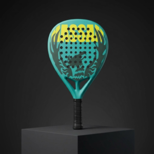 ViperWing Aero Carbon padel racket upright on studio podium, showing teal dragon graphics and drilled face pattern.
